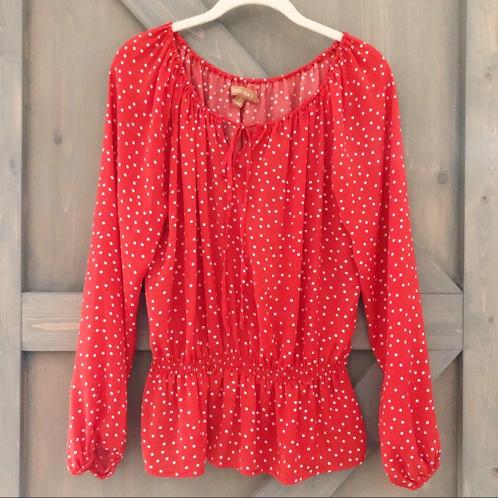Ellen Tracy Long Sleeve Peplum Red & White Dot Blouse Top
